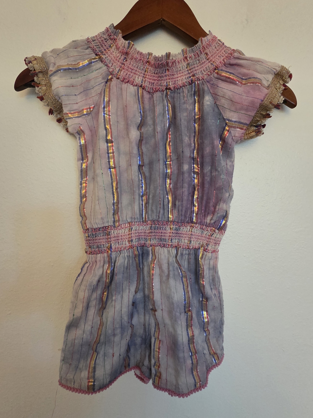 Egg New York Girls Size 6Y Tie Dye Metallic Striped Smocked Romper Tassel